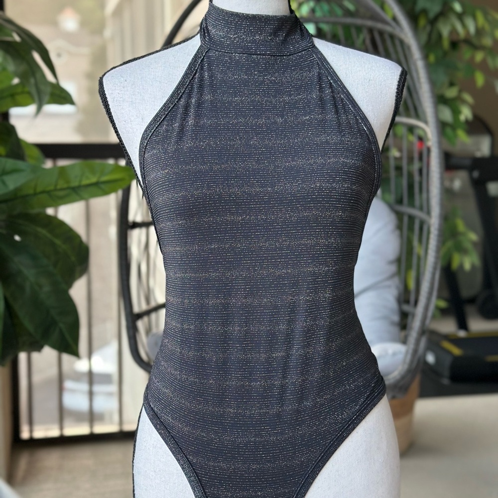 Black Lurex Halter Sexy Bodysuit Backless Shimmer High Cut